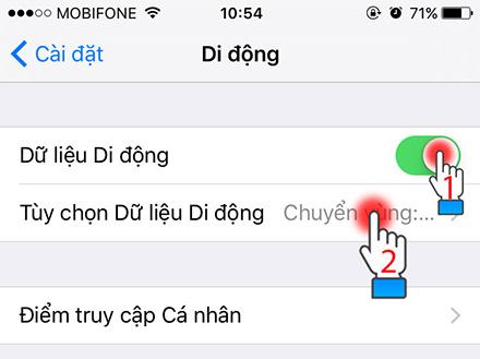 Bật Dữ liệu Di động và chuyển đến phần Tùy chọn Dữ liệu Di động