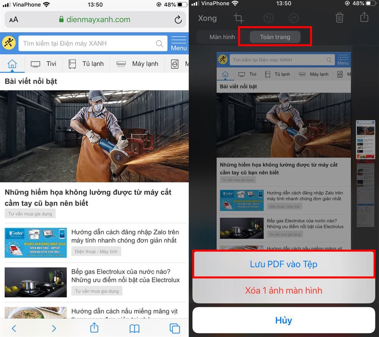 Lưu ảnh chụp màn hình trên các trang web đầy đủ