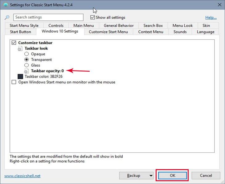 Tăng độ trong suốt trên Windows 10 với Classic Shell.