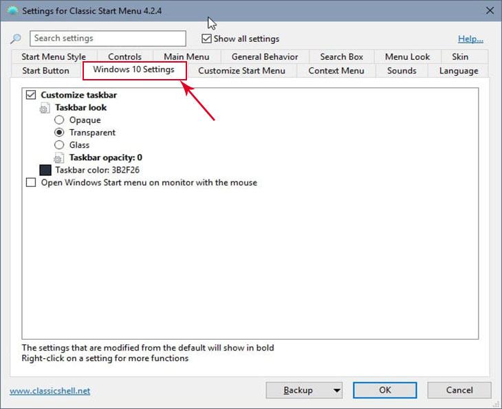 Tăng độ trong suốt trên Windows 10 với Classic Shell.