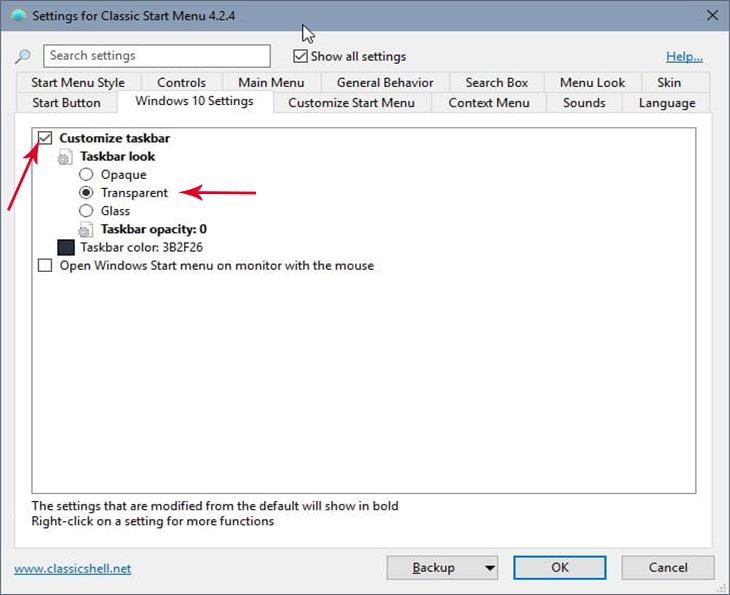 Tăng độ trong suốt trên Windows 10 với Classic Shell.