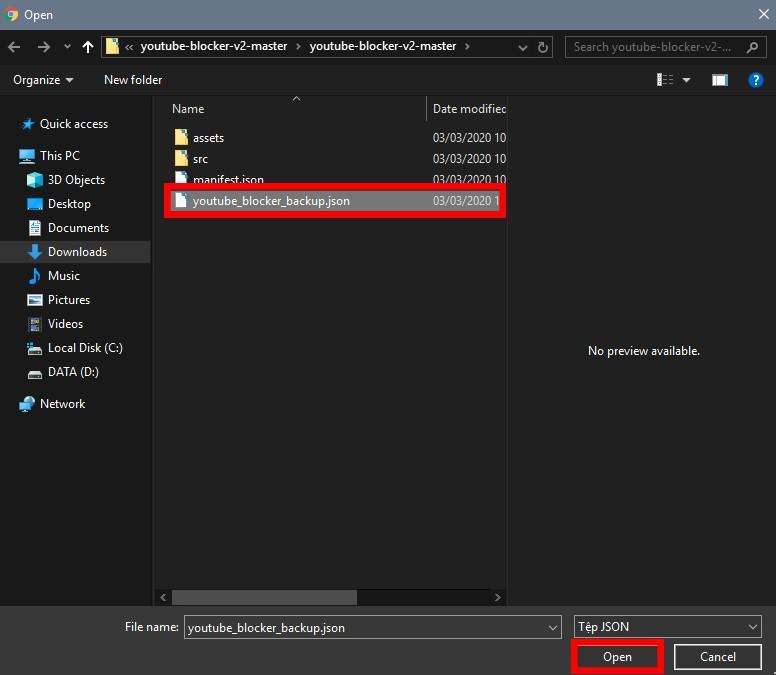 Chọn tệp JSON có tên youtube_blocker_backup.json để tải lên