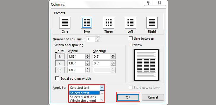 Cách tách các cột trong Word 2007 + Bước 2