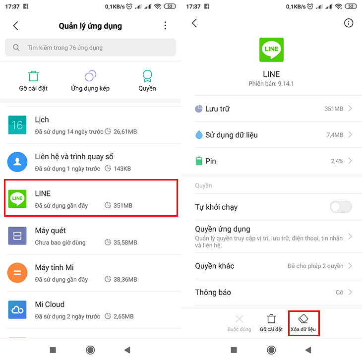 Điều hướng đến LINE và chọn Xóa dữ liệu