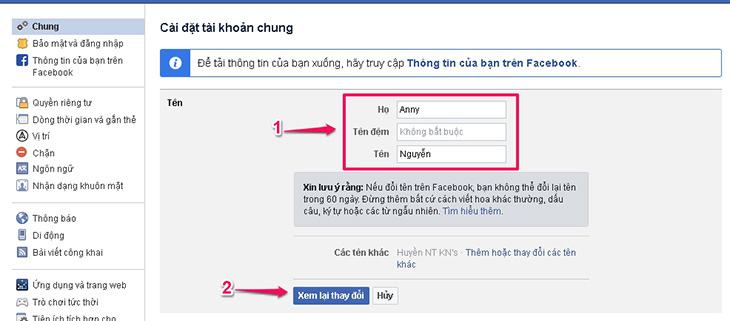 Nhập tên Facebook bạn muốn thay đổi