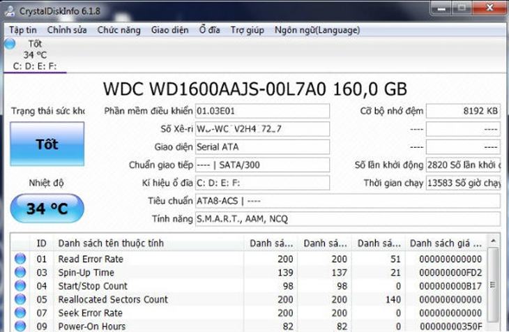 Giao diện phần mềm CrystalDiskInfo