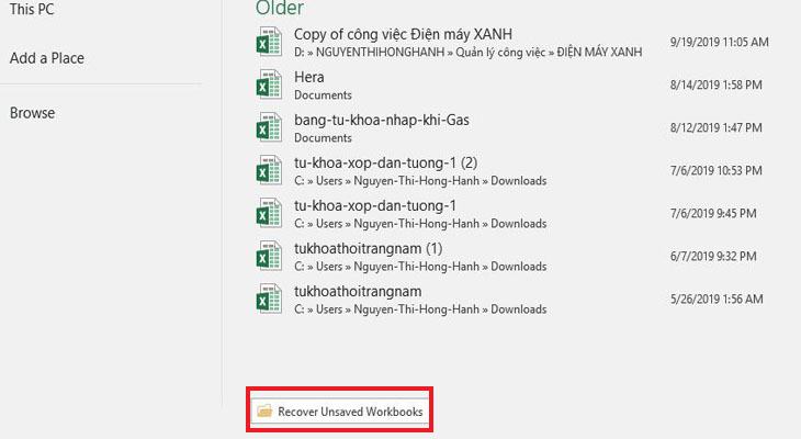 Nhấp vào Khôi phục sổ làm việc chưa được lưu Đi tới Tệp> Mở> Sử dụng Gần đây” phong cách =”chiều rộng: 730px; chiều cao: 430px;” title =”Đi tới Tệp> Mở> Sử dụng Gần đây” lớp học =”lười biếng” src =”https://cdn.tgdd.vn/Files/2019/10/25/1212200/cach-lay-lai-file-excel-chua-luu-bi-luu-de-hoac-xoa-mat-don-gian- nhat-4.jpg”></p>
<p><strong>Bước 3: </strong>Cuộn xuống cuối màn hình và nhấp vào<strong> Khôi phục sổ làm việc chưa được lưu</strong></p>
<p><img decoding=