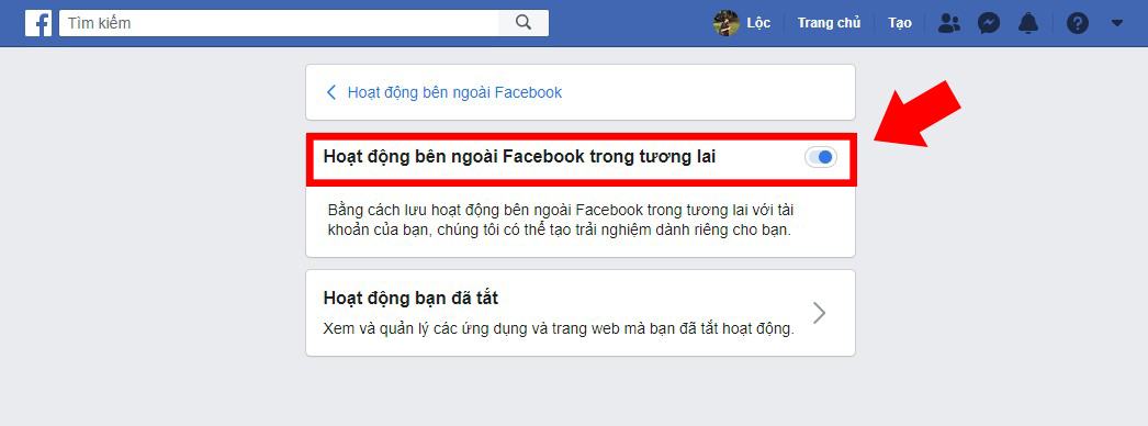 Nhấp vào đòn bẩy để tắt chức năng bên ngoài Facebook trong tương lai