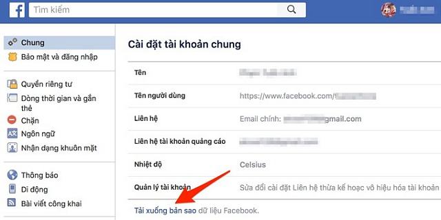 Cách tải thông tin cá nhân từ Facebook về máy tính