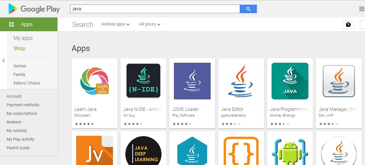 Tìm kiếm các từ khóa Java trong Google Play