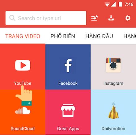 Chọn youtube trong ứng dụng snaptube