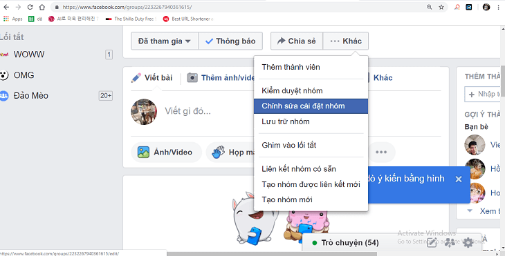 Tùy chọn chỉnh sửa cài đặt nhóm sau khi tạo nhóm thành công
