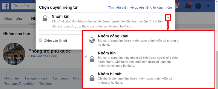 Chọn quyền riêng tư cho nhóm của bạn