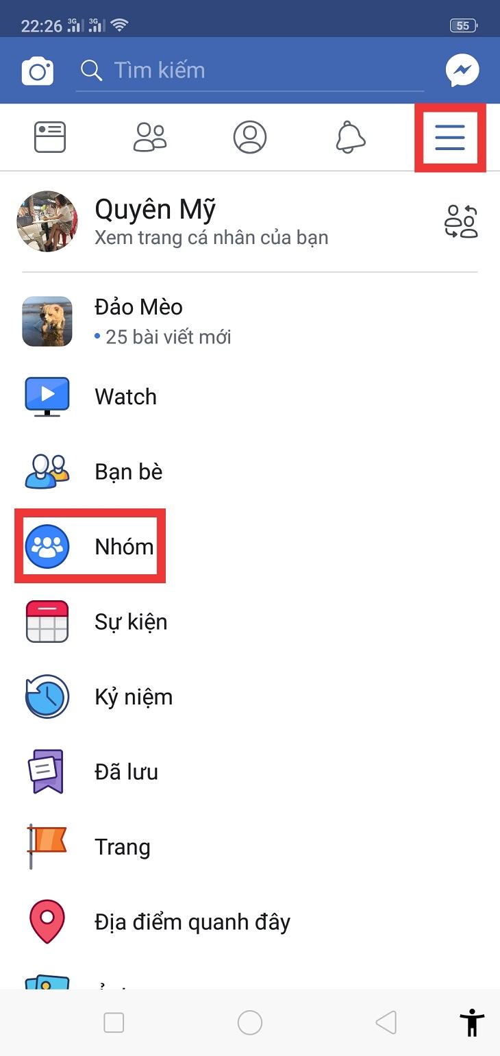 Nhấn vào biểu tượng 3 dòng ở góc trên cùng bên phải màn hình.  Sau đó chọn Nhóm.