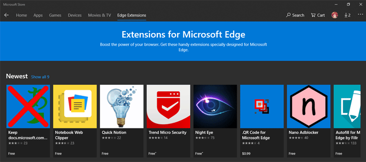 Tiện ích mở rộng cạnh trong ứng dụng Microsoft Store