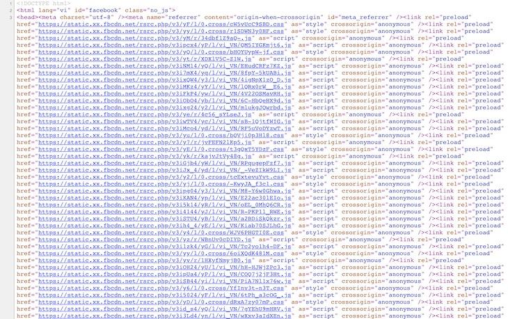 Các dòng mã HTML được hiển thị