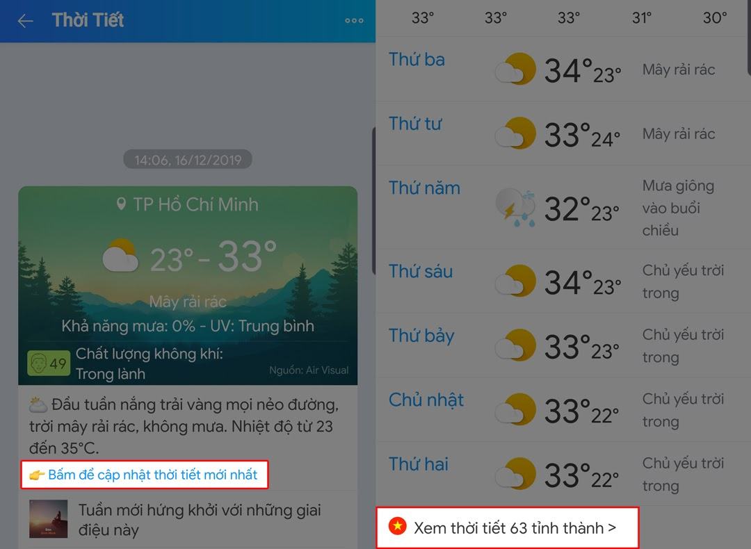 Nhấn để nhận thông tin thời tiết mới nhất và xem thời tiết ở các khu vực khác