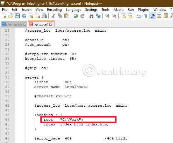 Trong Notepad ++, thay đổi gốc thành đường dẫn vật lý đã chỉnh sửa