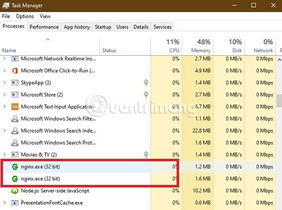 Để dừng Nginx, bạn có thể thoát khỏi cửa sổ Task Manager