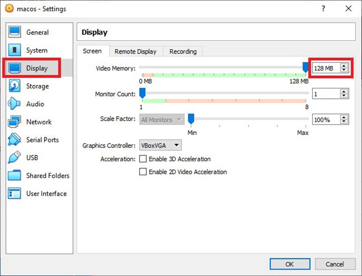 Đặt bộ nhớ video thành 128 MB.