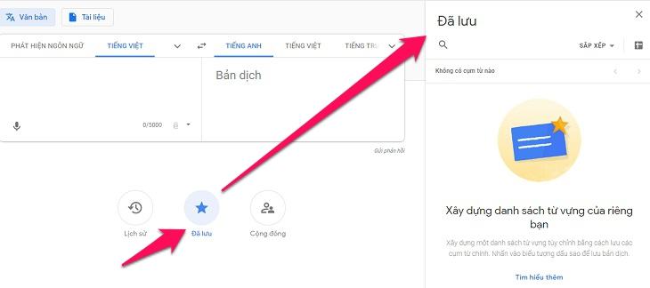 Chức năng nút Đã lưu trong Google Dịch