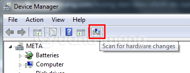 Nhấp vào nút Quét các Thay đổi Phần cứng