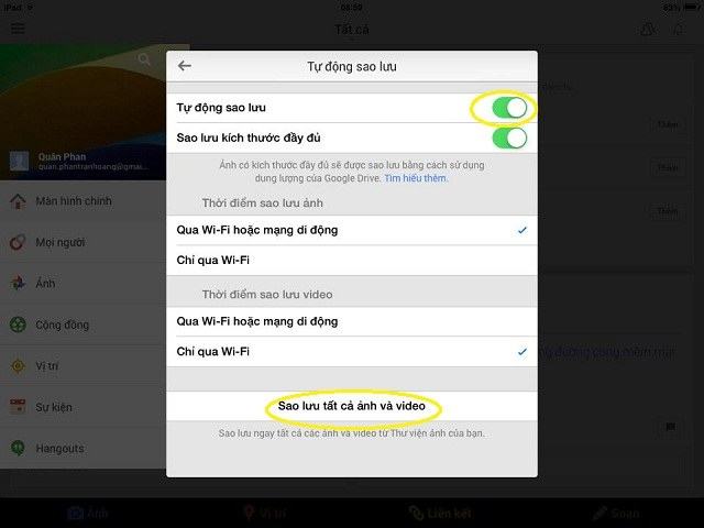 Bật sao lưu tự động và nhấp vào 