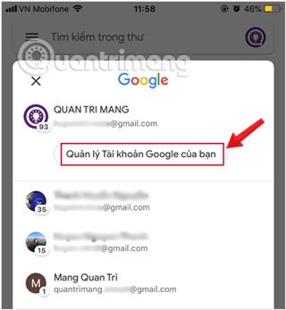 Chọn Quản lý tài khoản Google