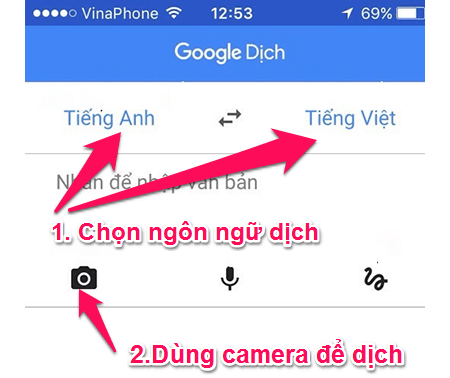 Chọn ngôn ngữ dịch và nhấp vào biểu tượng máy ảnh