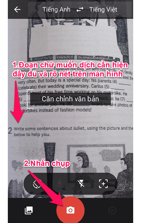 Hướng máy ảnh vào nội dung cần dịch