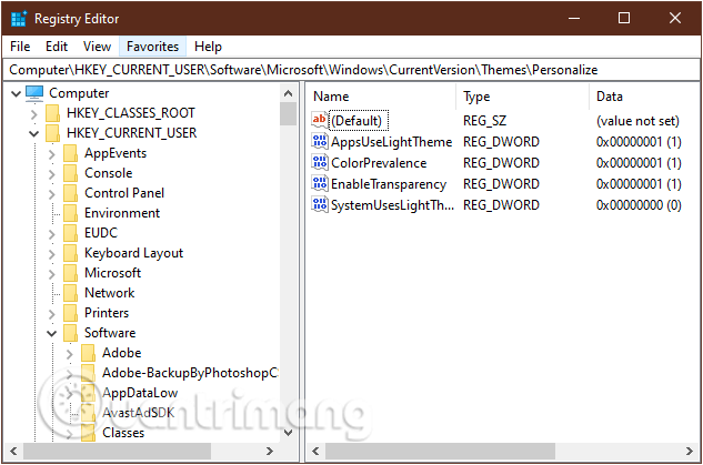 Điều hướng đến đường dẫn HKEY_CURRENT_USER  Software  Microsoft  Windows  CurrentVersion  Themes  Personalize