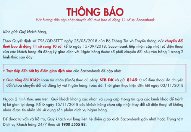 Đổi sim 11 số thành 10 số tại ngân hàng Sacombank