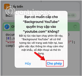 Chọn Cho phép để cung cấp liên kết đến Youtube.com