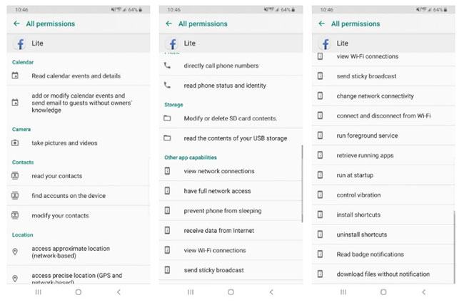 Danh sách quyền của Facebook Lite