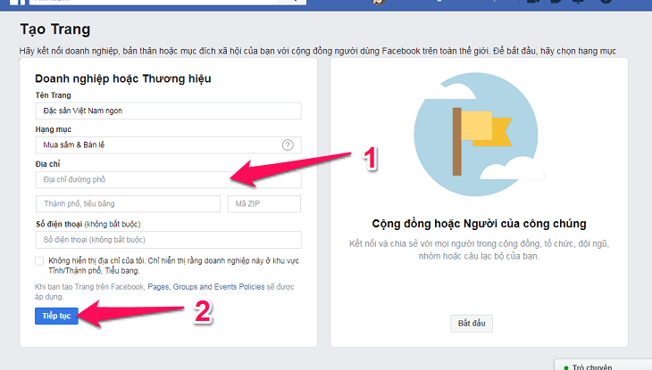 Nhập thông tin địa chỉ và số điện thoại của fanpage