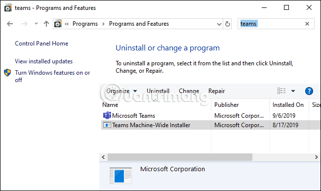 Gỡ cài đặt Microsoft Teams khỏi Bảng điều khiển