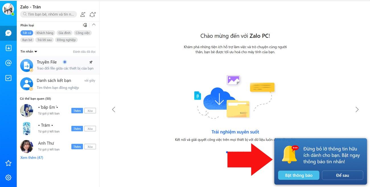 Bật thông báo cho tin nhắn mới
