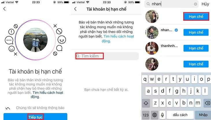 Chọn Tiếp theo, tìm tên tài khoản, sau đó chạm vào Hạn chế
