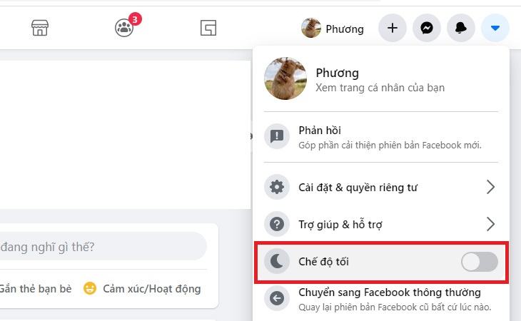 Bước 2: Trong giao diện Facebook mới, bạn chọn biểu tượng mũi tên thả xuống
