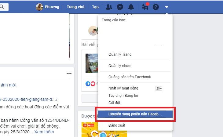 Bước 1: Mở Facebook của bạn trên web và nhấp vào biểu tượng tam giác thả xuống 