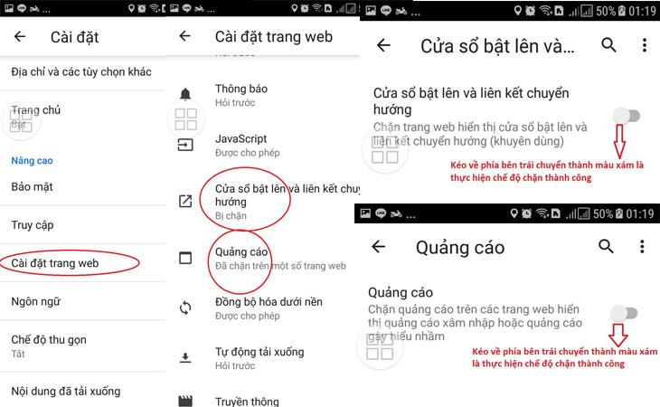 Bật cửa sổ bật lên và quảng cáo