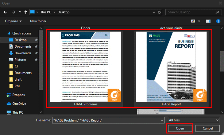 Chọn tệp PDF bạn muốn hợp nhất và nhấp vào Mở để bắt đầu tải lên