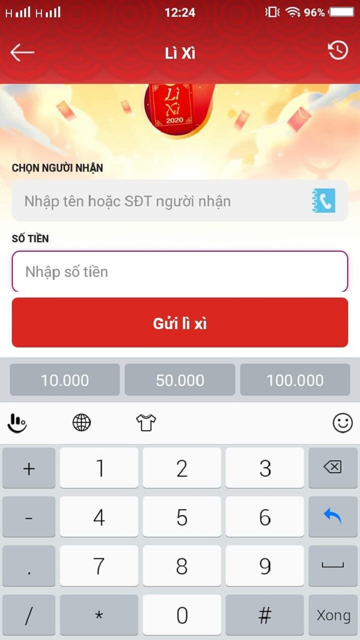 Nhập số tiền bạn muốn lì xì hoặc số tiền gợi ý và nhấn nút Xong.