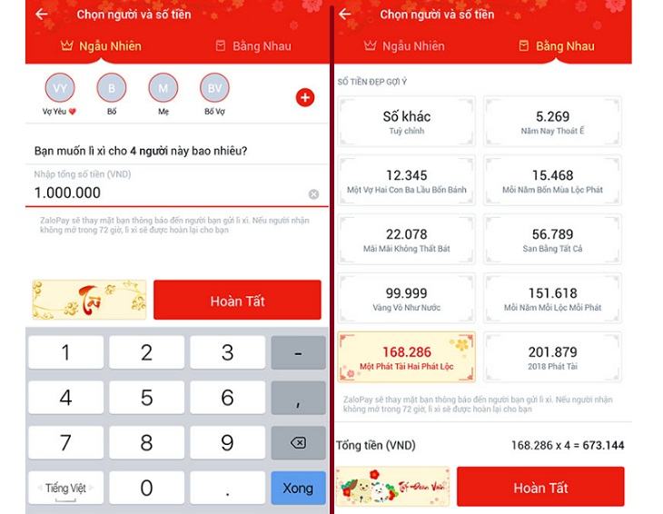 Chọn người bạn muốn đổi với số tiền thích hợp