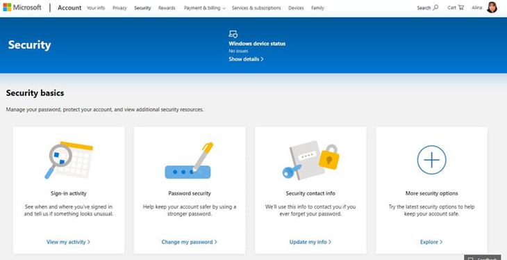 Truy cập trang bảo mật của Microsoft