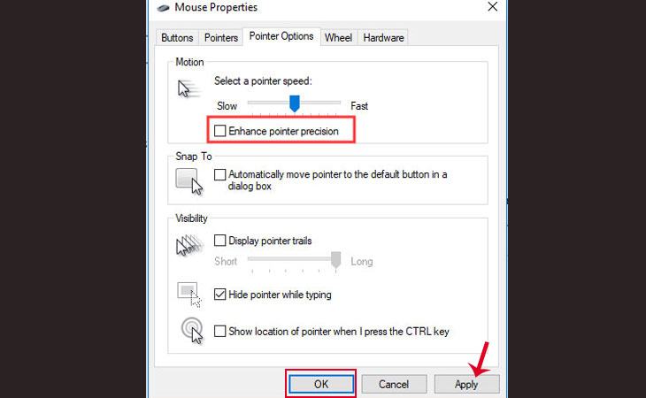Tắt tính năng tăng tốc độ chuột trong Windows 10