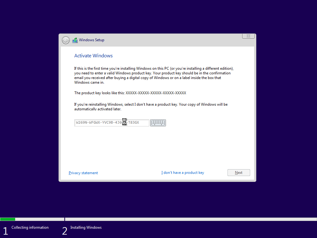 Nhập khóa cài đặt Windows 10