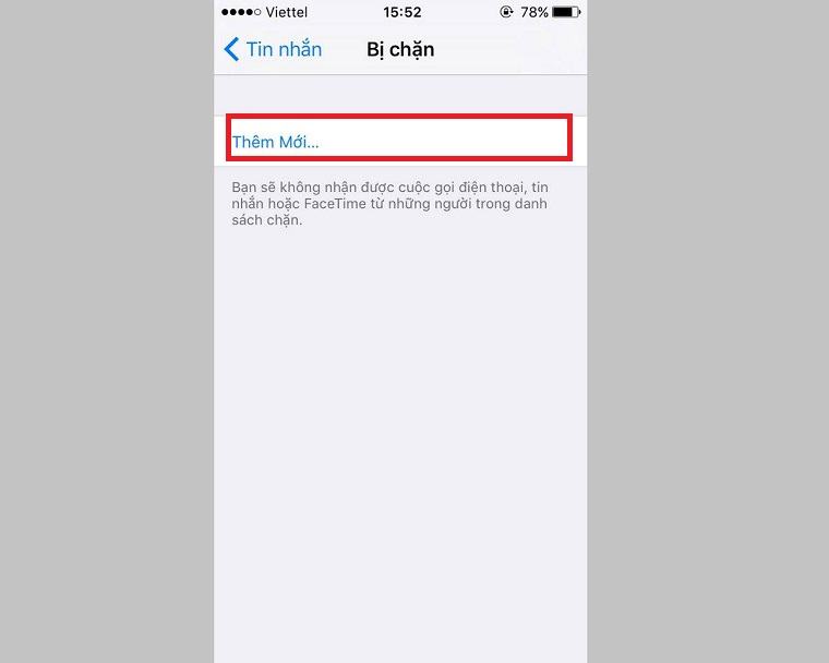 Chọn Thêm mới để thêm số người bị chặn cuộc gọi và tin nhắn