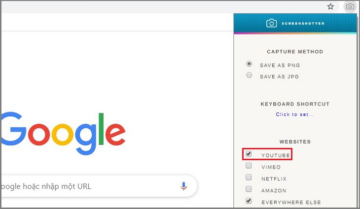 Nhấp vào biểu tượng tiện ích Video Screenshotter và chọn YouTube