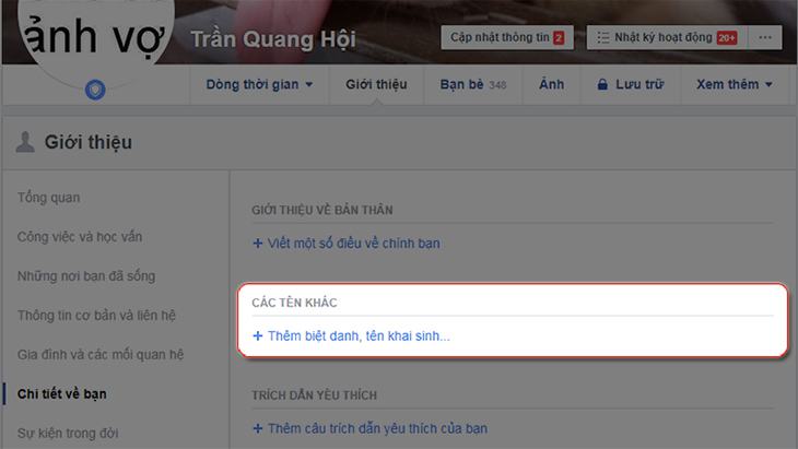 Thêm biệt hiệu, tên thời con gái